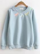 Shein Blue Cat Embroidery Ribbed Trim Sweatshirt