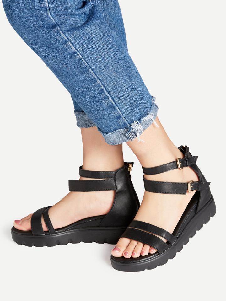 Shein Black Strappy Zipper Back Flatform Sandals