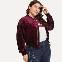 Shein Plus Drop Shoulder Zipper Velvet Bomber Jacket