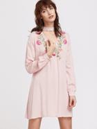 Shein Pink Embroidery V Neck Choker Long Sleeve Dress