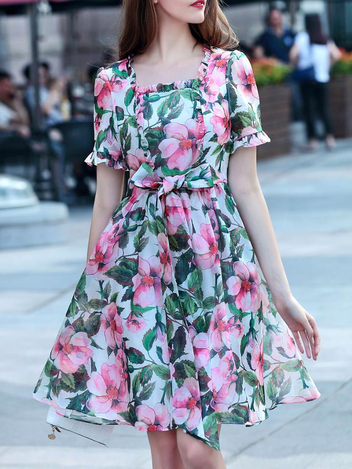 Shein Multicolor Boat Neck Tie-waist Floral Dress
