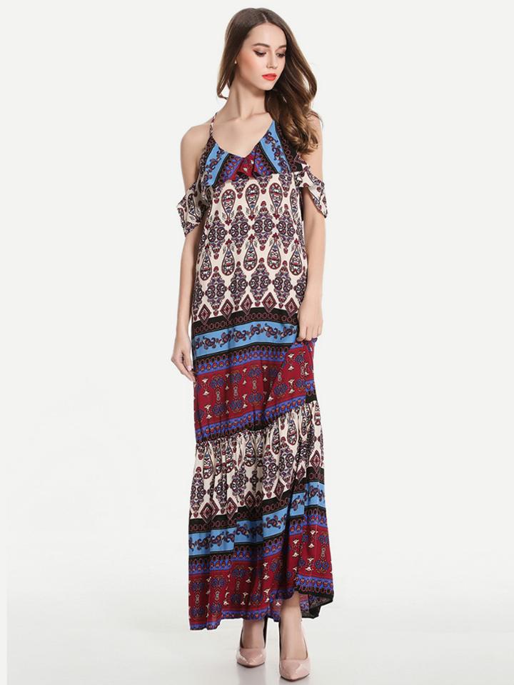Shein Frill Trim Drop Hem Aztec Print Dress