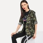 Shein Letter Print Roll Up Sleeve Camouflage Hooded Jacket