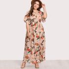 Shein Plus V Notch Front Belted Tropical Dress
