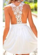 Rosewe Deep V Neck White Lace Patchwork Mini Dress