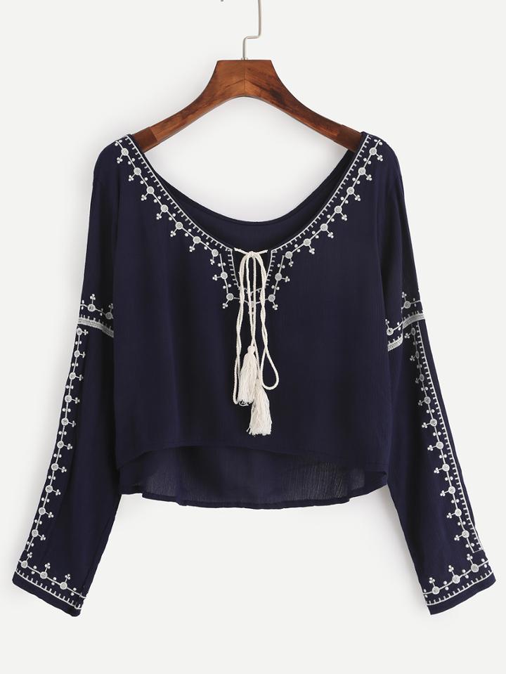 Shein Navy Embroidered Tassel Tie Neck High Low Blouse