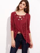 Shein Burgundy Eyelet Lace Up Twisted Front Dip Hem T-shirt