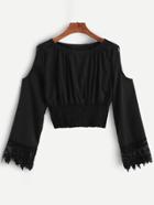 Shein Black Open Shoulder Crochet Cuff Shirred Blouse