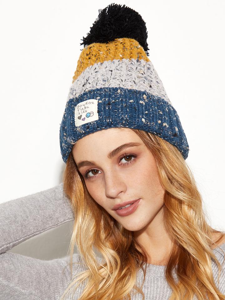 Shein Blue Colorblock Marled Pom Pom Applique Knit Hat