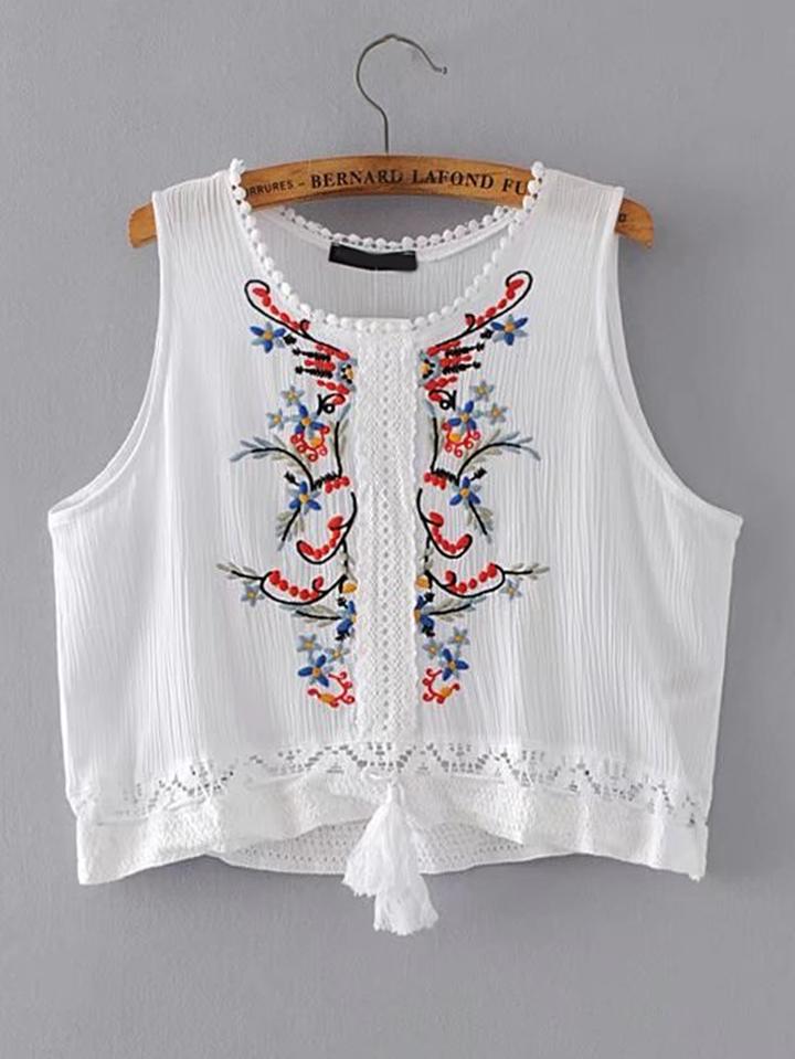 Shein Contrast Lace Embroidery Top With Fringe