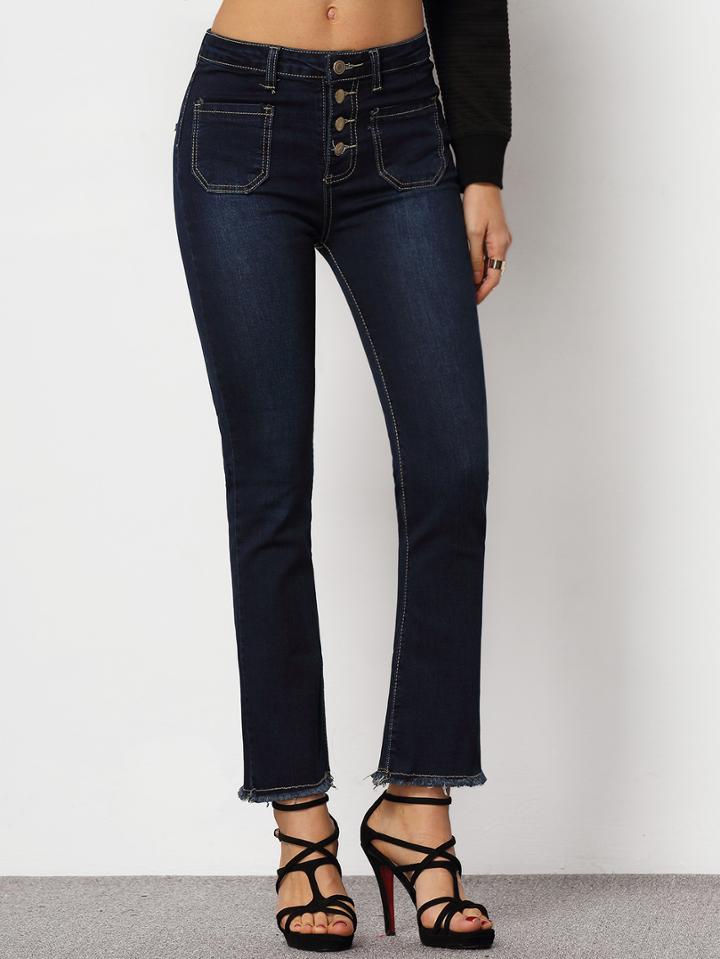 Shein Navy Buttons Denim Bell Pant