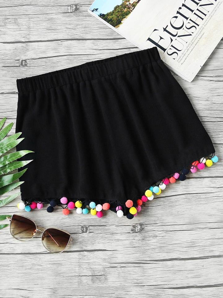 Shein Colorful Pom Pom Trim Elastic Waist Shorts