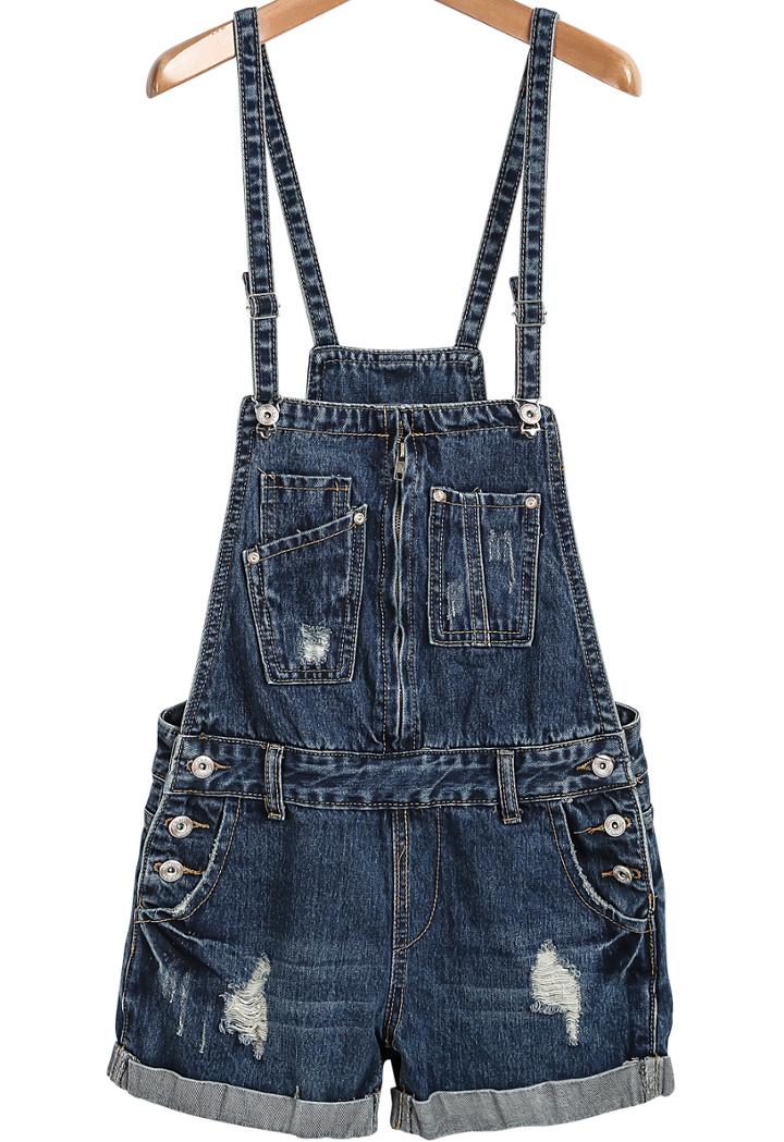 Shein Blue Strap Ripped Denim Jumpsuit