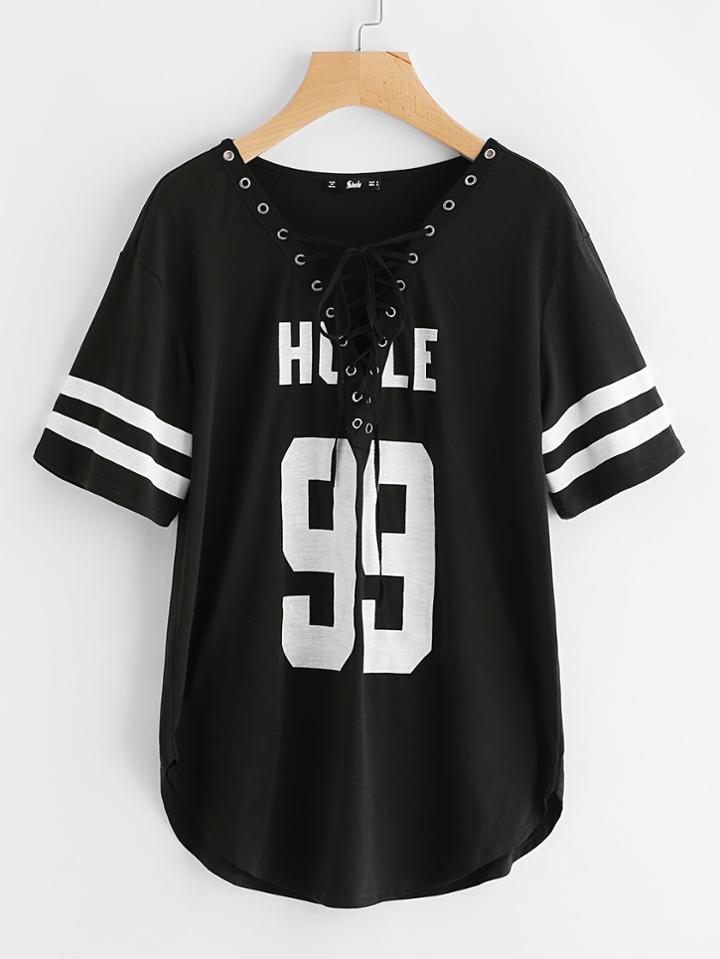 Shein Eyelet Lace Up Dolphin Hem Varsity T-shirt