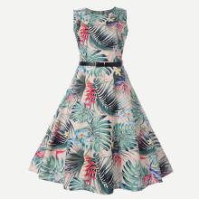 Shein Plant Print Zip Back Belted Flare Dress