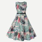 Shein Plant Print Zip Back Belted Flare Dress