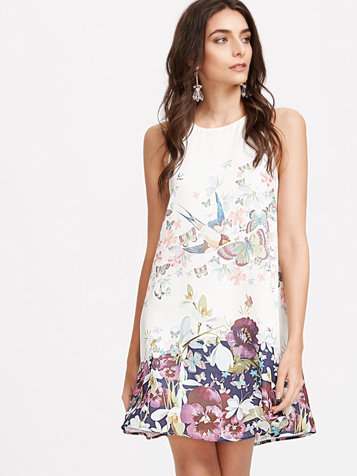 Shein Flower Print Keyhole Back Swing Tank Dress