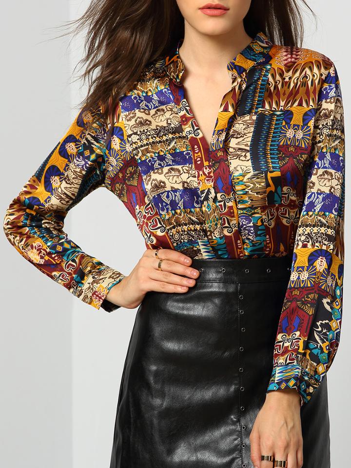 Shein Colour Stand Collar Long Sleeve Floral Blouse