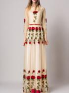 Shein Apricot Frayed Neck Rose Embroidered Gauze Belted Maxi Dress