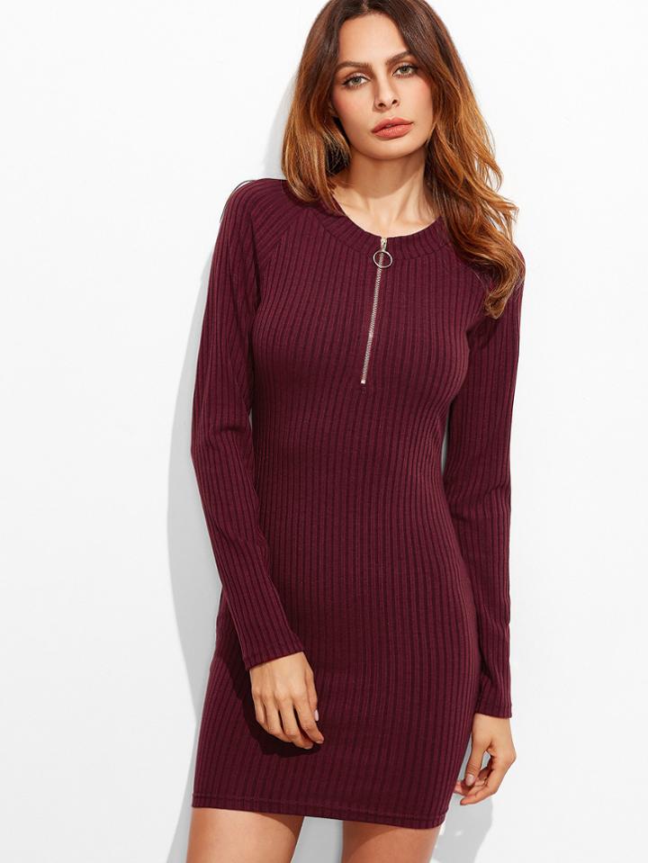 Shein Burgundy Zip Neck Raglan Sleeve Ribbed Knit Bodycon Dress