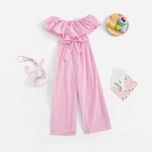 Shein Girls Ruffle Trim Belted Jumpsuit