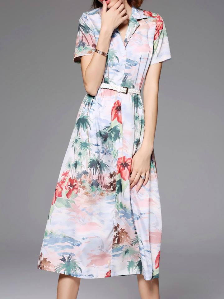 Shein Multicolor V Neck Belted Print Dress