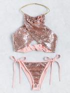 Shein Sequin Overlay Cross Front Halter Bikini Set