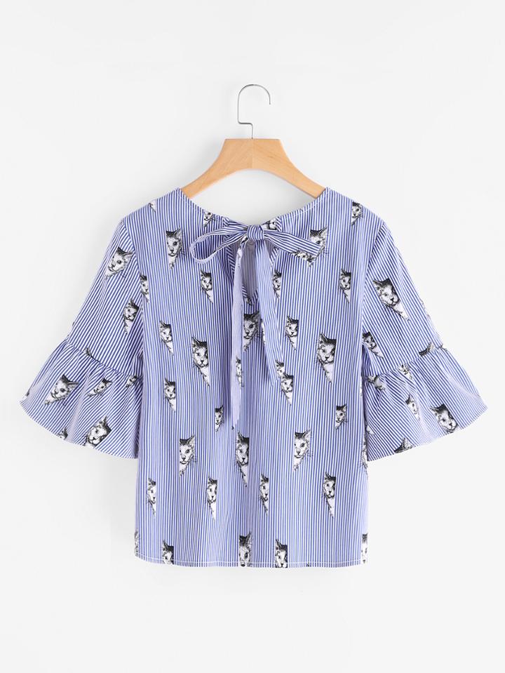 Shein Cat Print Keyhole Tie Back Trumpet Sleeve Striped Top