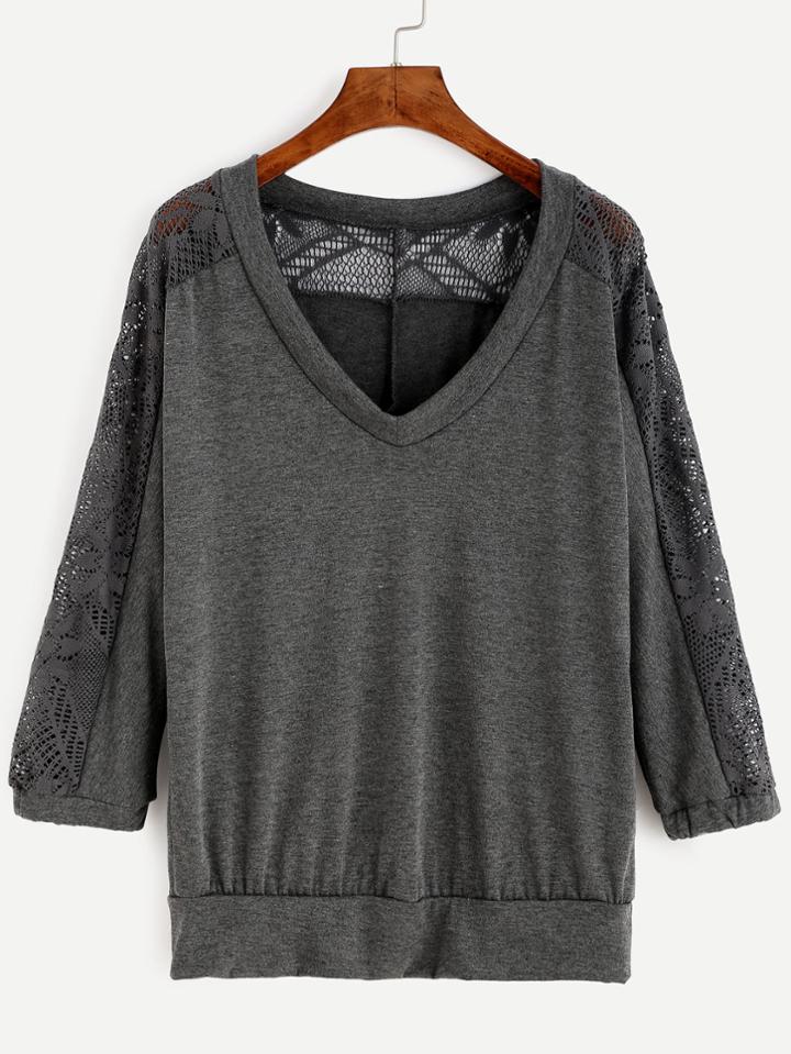 Shein Grey V Neck Lace Insert T-shirt
