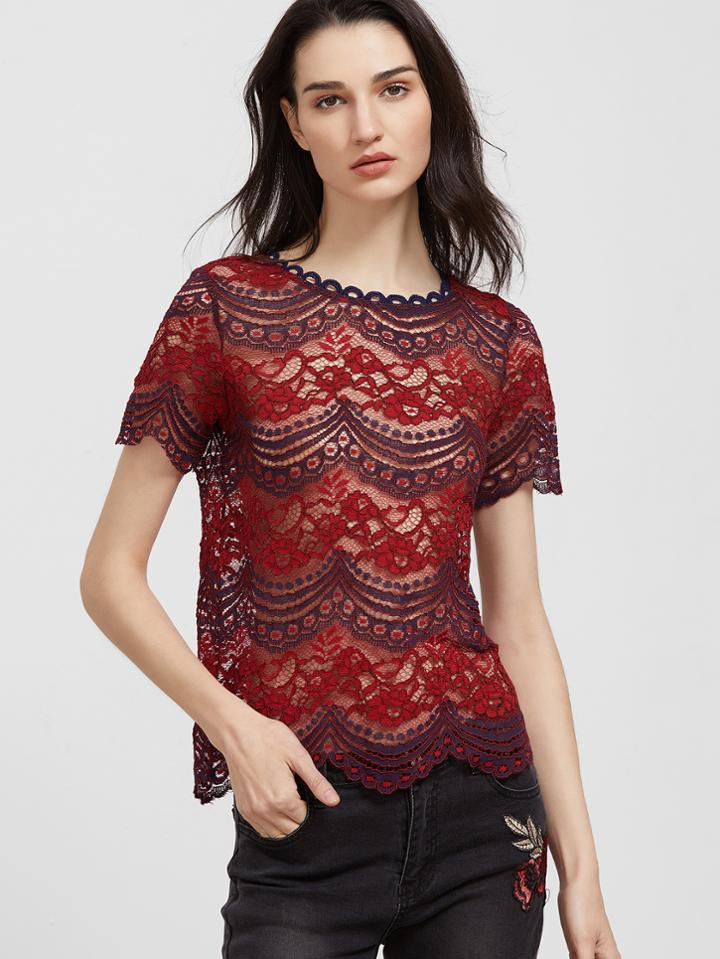 Shein Tasseled Tie Back Sheer Floral Lace Top