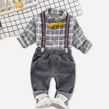 Shein Boys Bow Front Plaid Shirt & Striped Pants