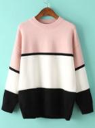 Shein Round Neck Pink White Loose Sweater