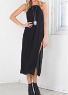 Rosewe Black Slit Design Chiffon Straight Dress