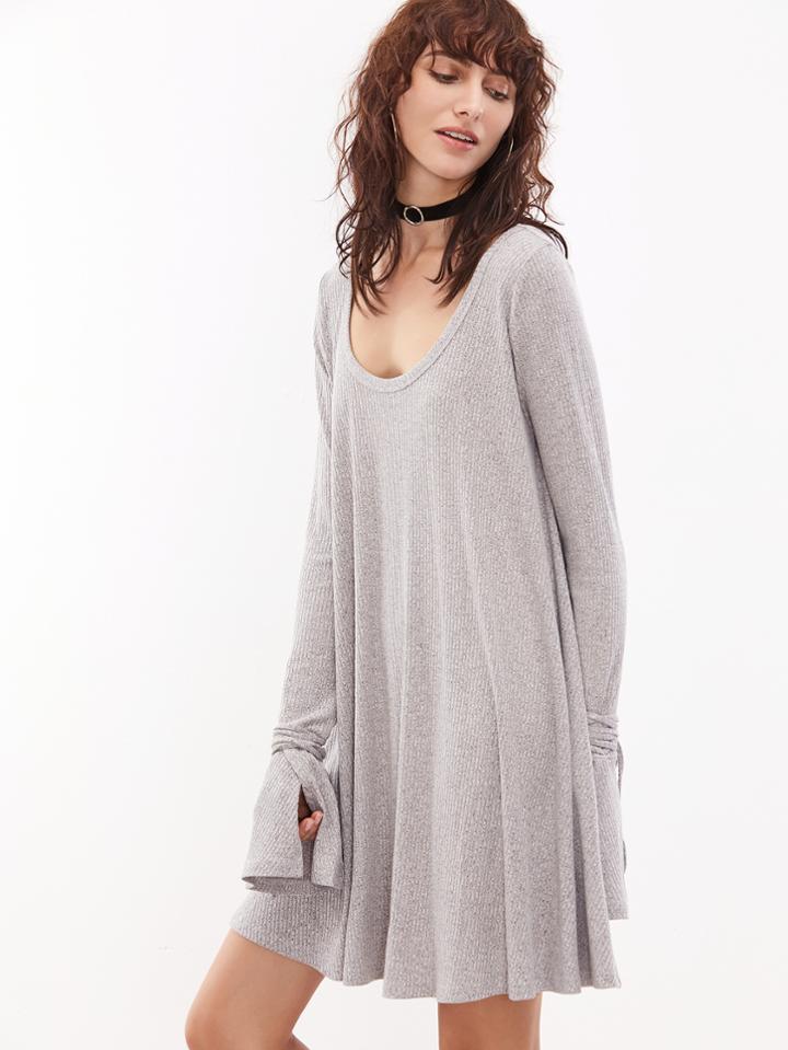 Shein Grey Marled Scoop Neck Wrap Split Cuff Ribbed Dress