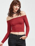 Shein Burgundy Off The Shoulder Crop T-shirt