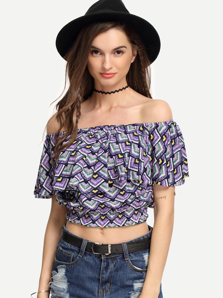 Shein Purple Ruffled Off-the-shoulder Geometric Print Top