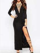 Shein Black V Neck Lace Up Split Dress