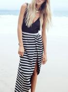 Shein Black Grey Deep V Neck Striped Asymmetric Dress
