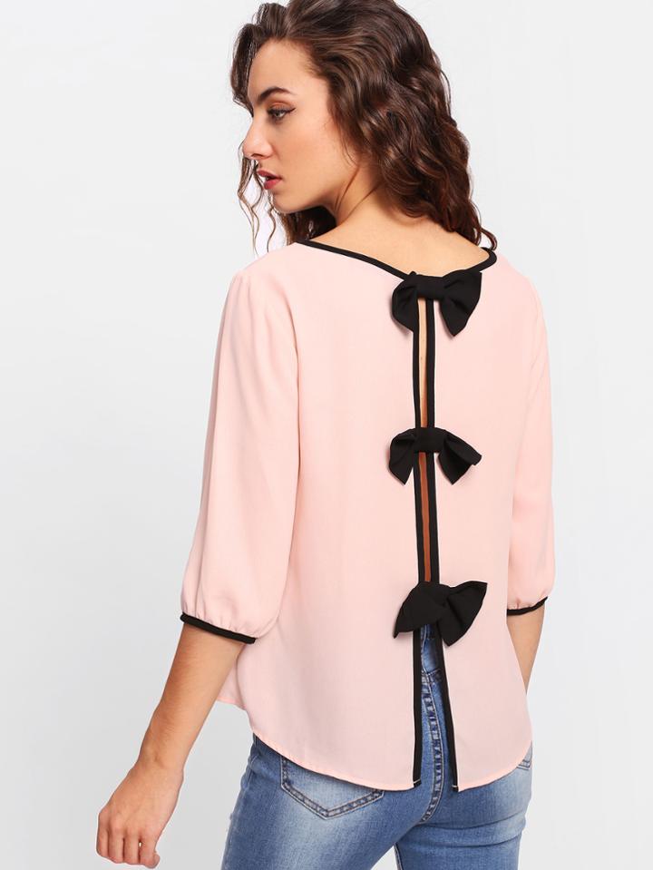 Shein Contrast Binding Bow Detail Split Back Top