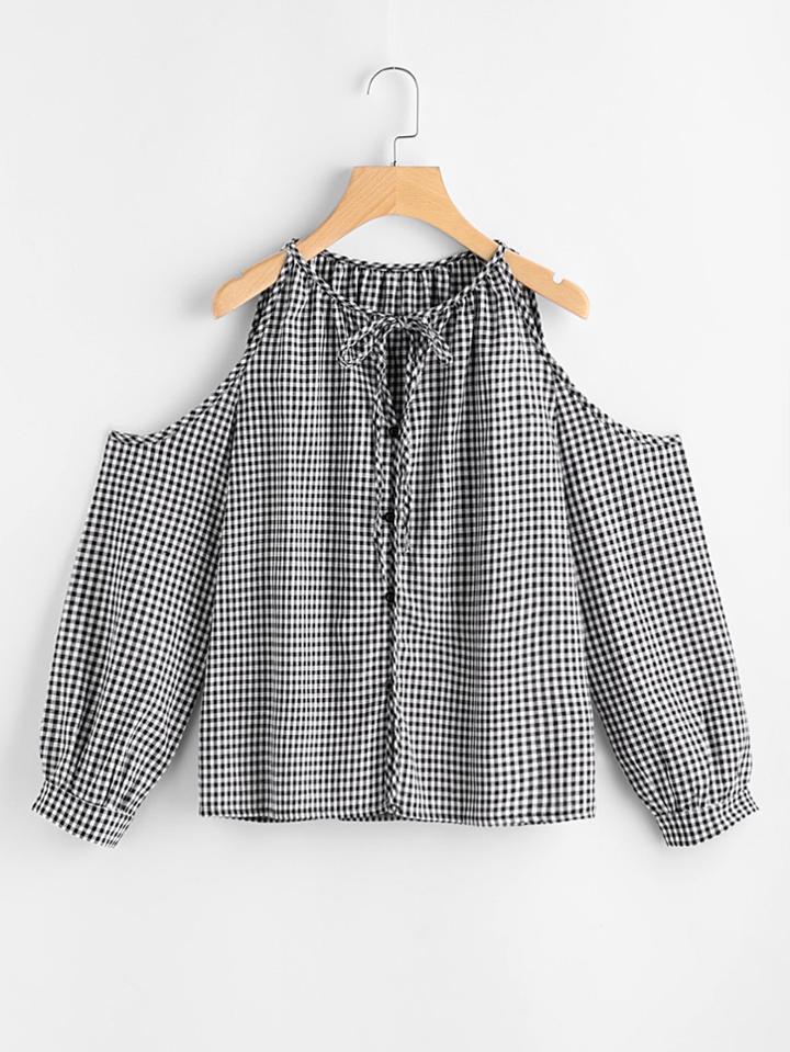 Shein Open Shoulder Knot Front Gingham Blouse