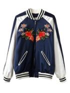 Shein Navy Rib-knit Cuff Embroidery Stripe Jacket