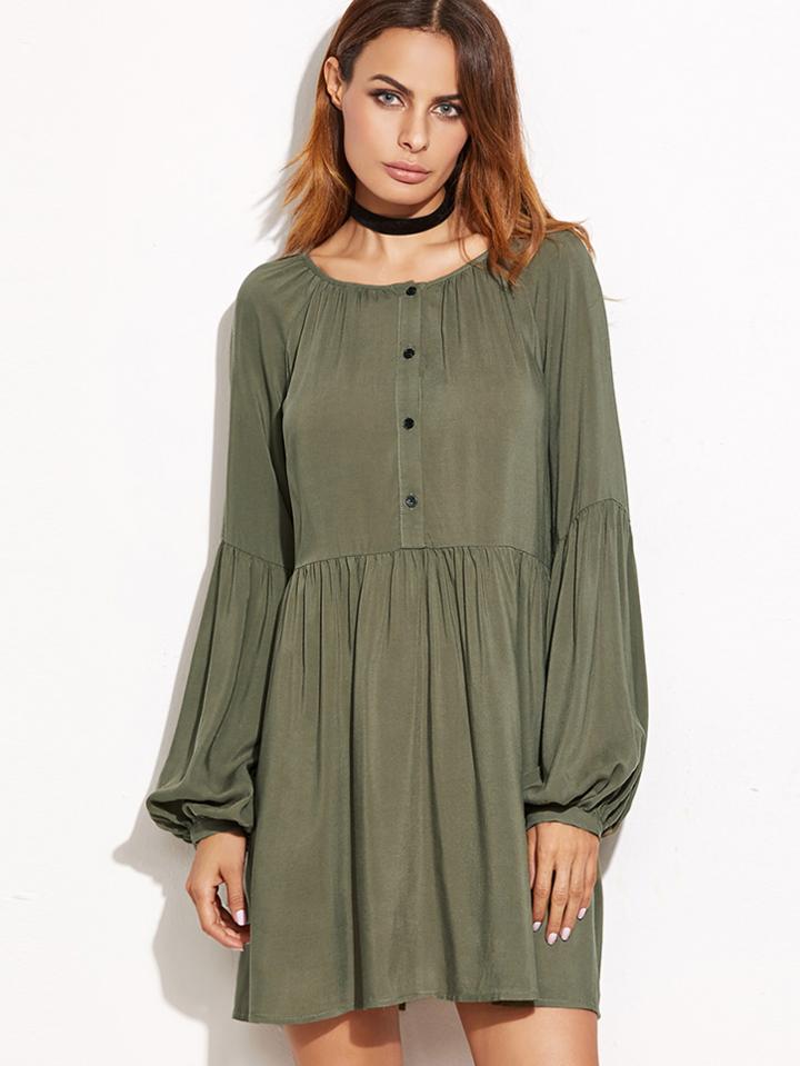 Shein Olive Green Half Placket Lantern Sleeve Tiered Dress