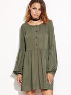 Shein Olive Green Half Placket Lantern Sleeve Tiered Dress