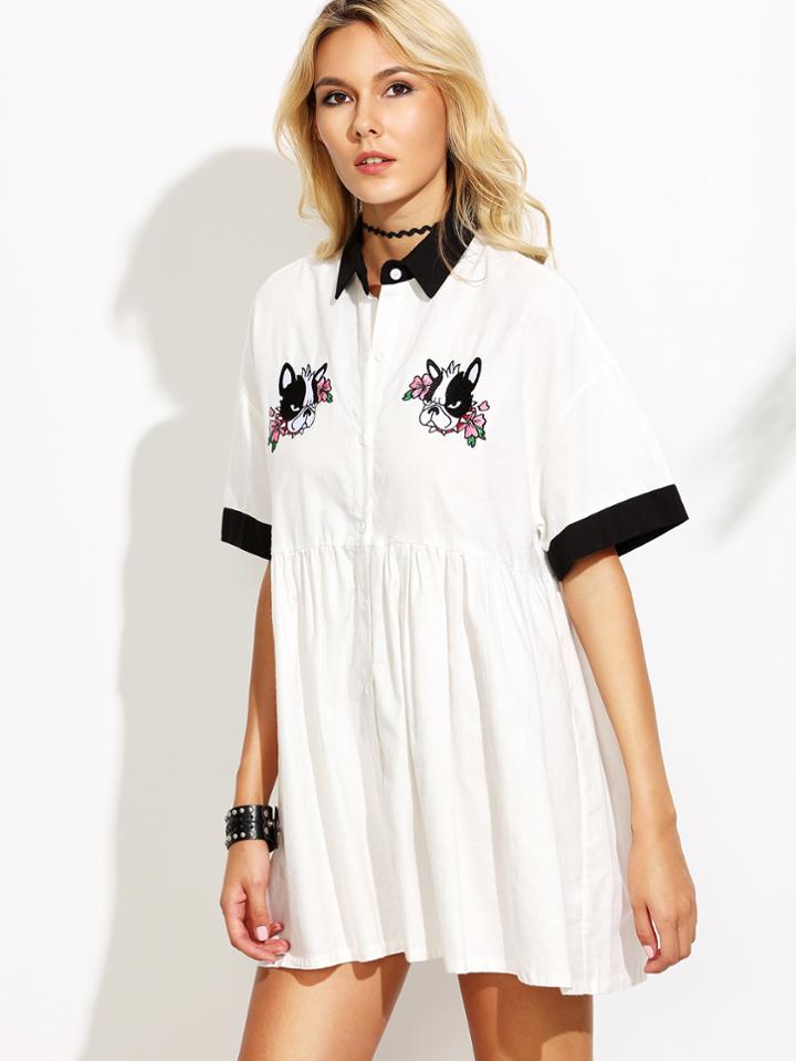Shein White Embroidered Contrast Collar Shirt Dress