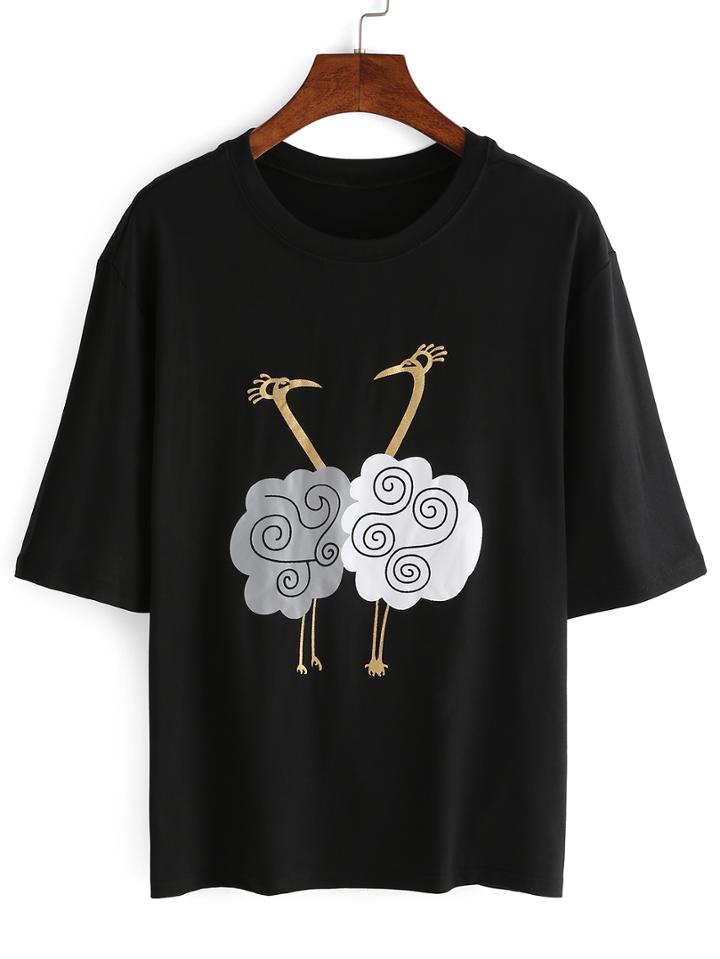 Shein Black Turkey Print T-shirt
