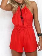 Shein Red Halter Backless Romper With Drawstring