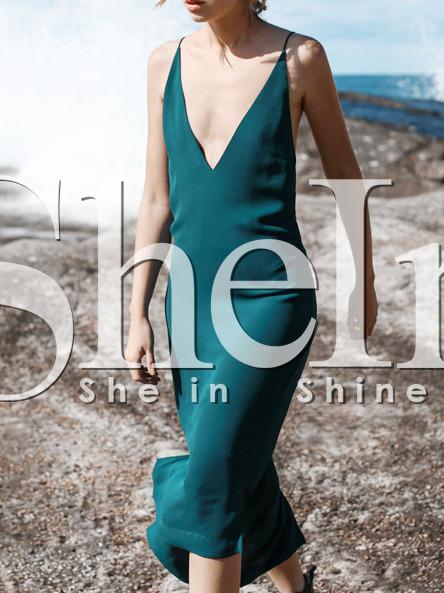 Shein Blue Spaghetti Strap Deep V Neck Backless Midi Dress