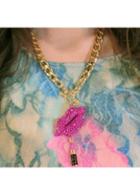 Rosewe Pink Rhinestone Decorated Lip Pendant Metal Necklace