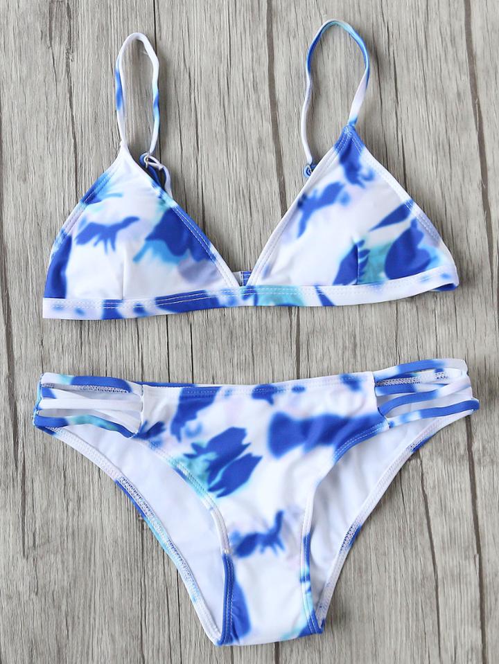 Shein Blue And White Printed Triangle Bikini Set