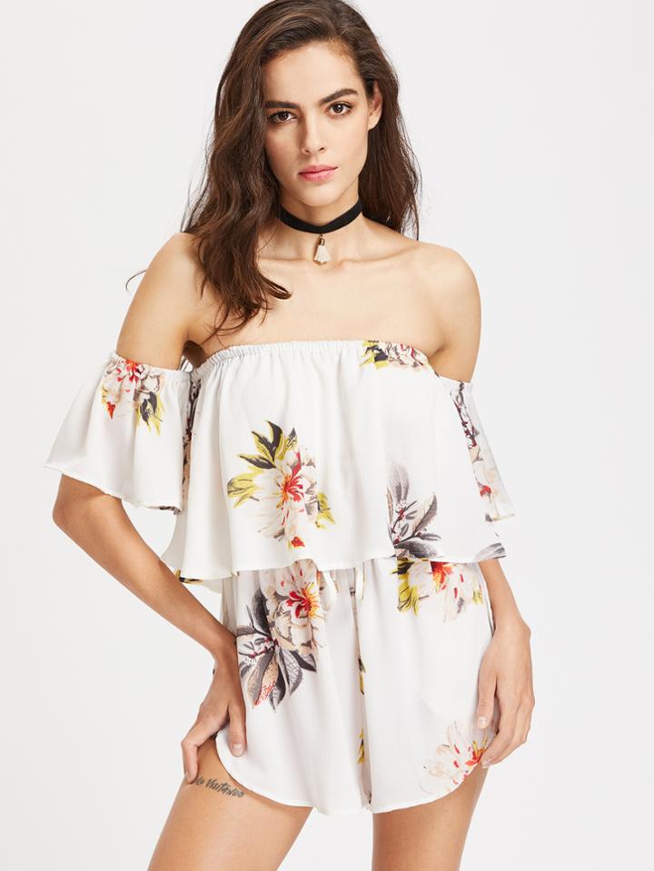 Shein Flounce Layered Neckline Floral Print Chiffon Romper